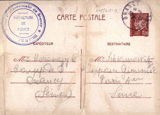 Carte postale envoyée de Drancy par Shimon Horonczyk à monsieur Shlomovitz le 24 mars 1943